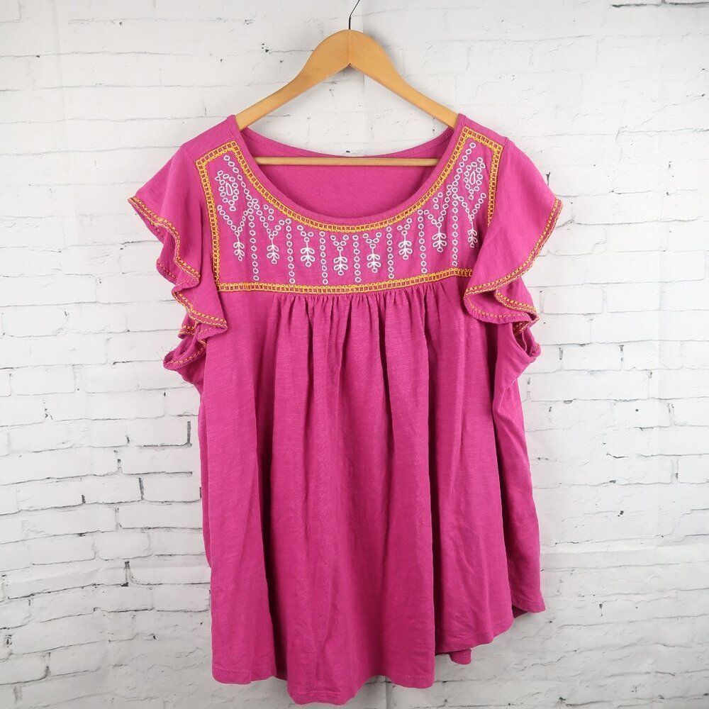 PINK WITH WHITE & ORANGE EMBROIDERY DETAIL SHORT RUFFLE SLEEVE BABYDOLL TOP